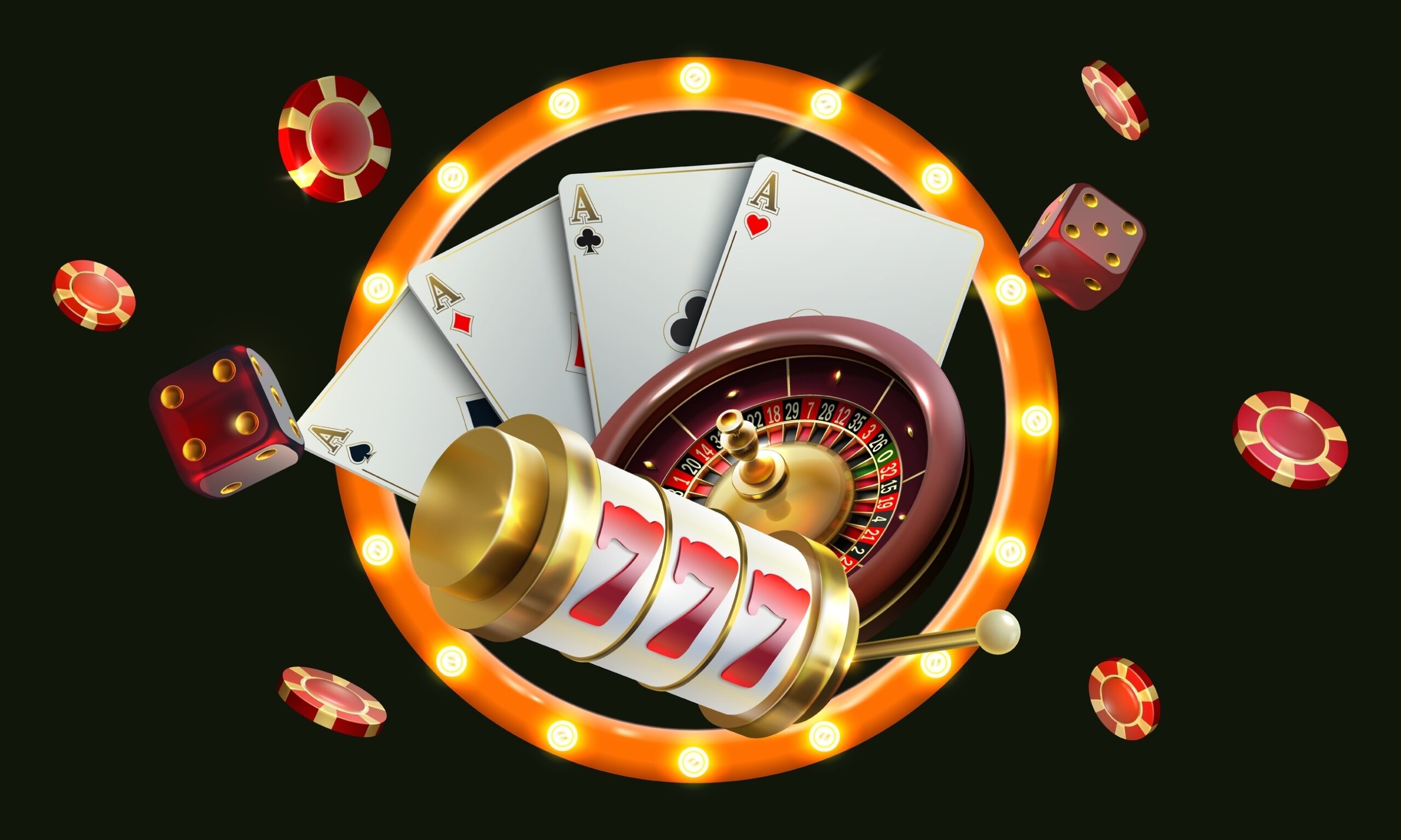 Vector,Illustration,Of,Gambling ,Roulette,Wheel,,Playing,Chips,,Dice,,Poker